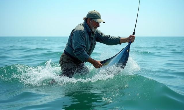 Fisherman releasing undersized fish back into ocean
